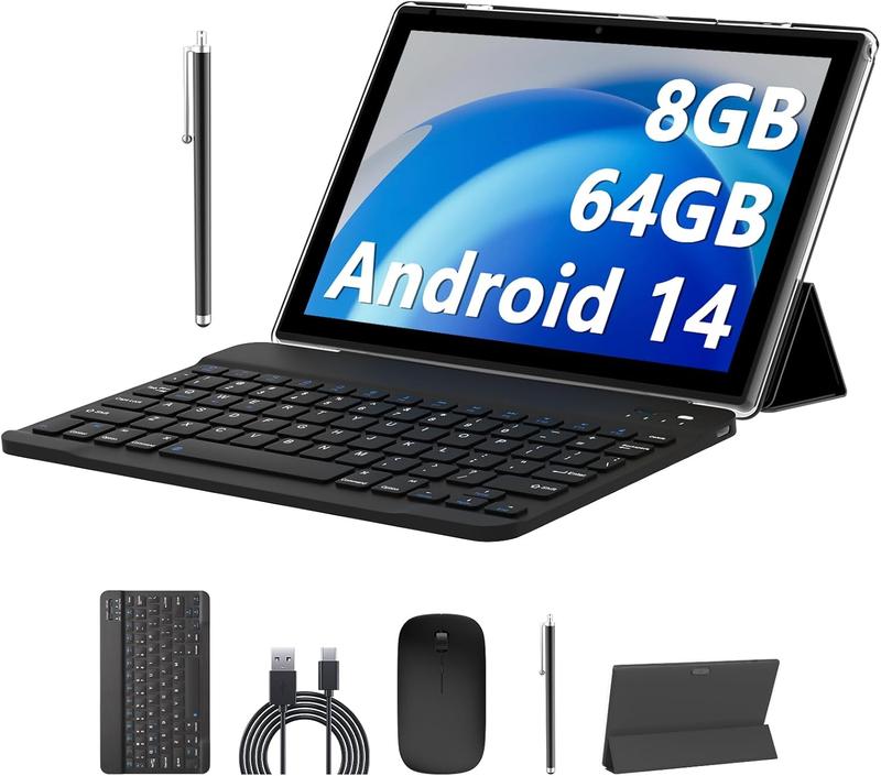 2024 Newest Android 14 Tablets 10 Inch, 2 in 1 Tablet, Tablet with Keyboard Case, 8GB+64GB ROM 512GB Computer Tablets, Quad Core, HD Touch Screen, Dual Carema, Games, Wi-Fi, BT,  GMS Black