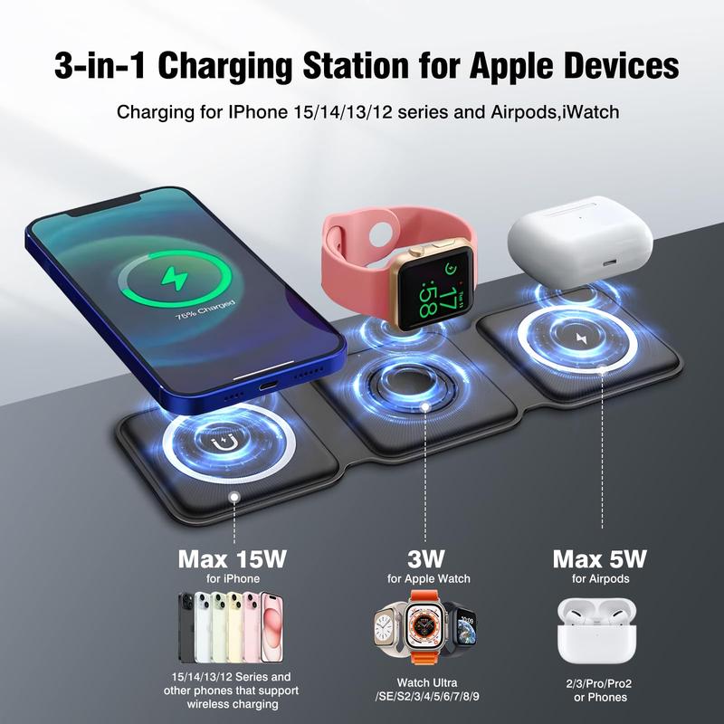 Charging Station for Apple Multiple Devices - 3 in 1 Foldable Magnetic Wireless Charger Dock - Travel Charging Pad for iPhone 15 14 13 12 Pro Max Plus Watch & Airpods, christmas gift ideas Black Friday Deals tiktok shop store