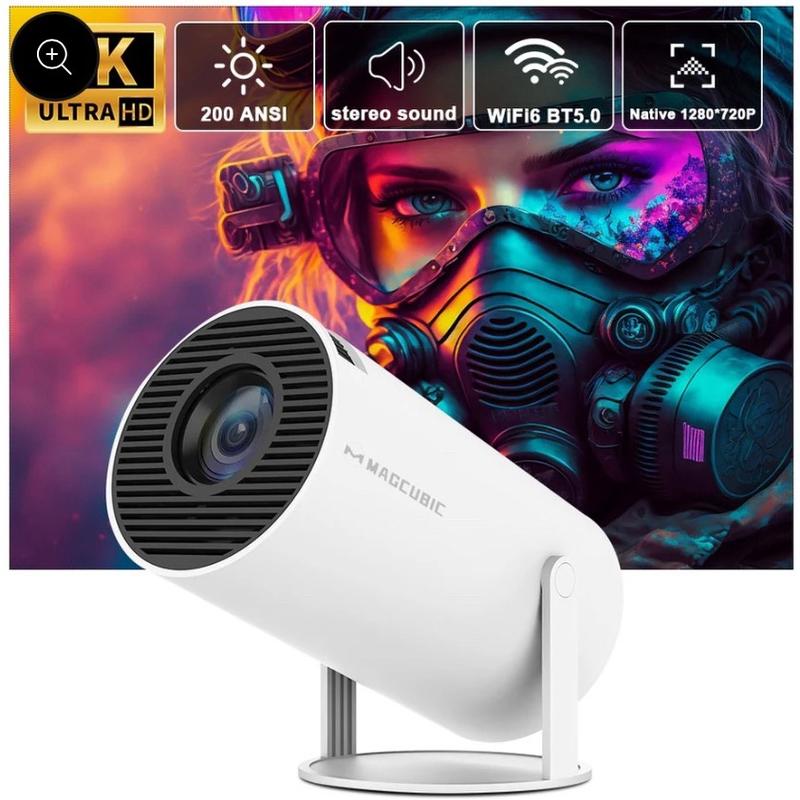 Portable Projector, Auto Keystone Correction Mini Projector, 4K  200 ANSI Smart Projector with 2.4 5G WiFi, BT 5.0, 130 Inch Screen, 180 Degree Flip, Round Design, Home Video Projector