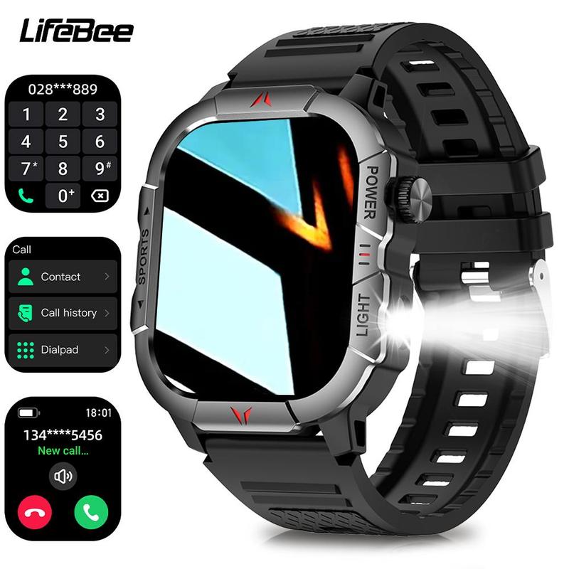 LIFEBEE Men's Smart Watch, IP68 Waterproof 2.01-inch Screen Tactical Smart Watch with LED Flashlight, 120+Sports Mode Civilian Compass Fitness Wristwatch, Smart & Wearable Devices for Smartphone, Sport Smartwatch