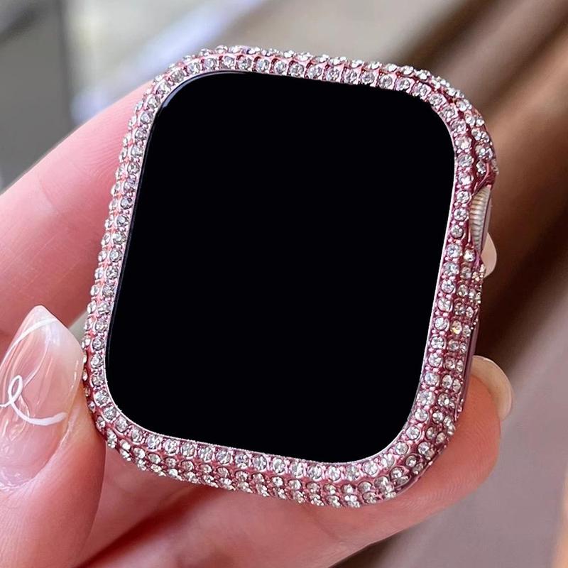 2 In 1 Ultra-thin Tempered Glass Smart Watch Screen Protector & Case, Rhinestone Decor Smart Watch Case, Compatible with Apple Watch Series SE 9 8 7 6 5 4 3 2 1, Smart Watch Accessories