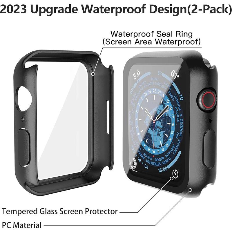 [2 Pack] Waterproof Black Hard Case with Tempered Glass Compatible with Apple Watch Series 9 (2023) Series 8 Series 7 45mm, Ultra-Thin Tough Protective Cover for iWatch Screen Protector Accessories Protection