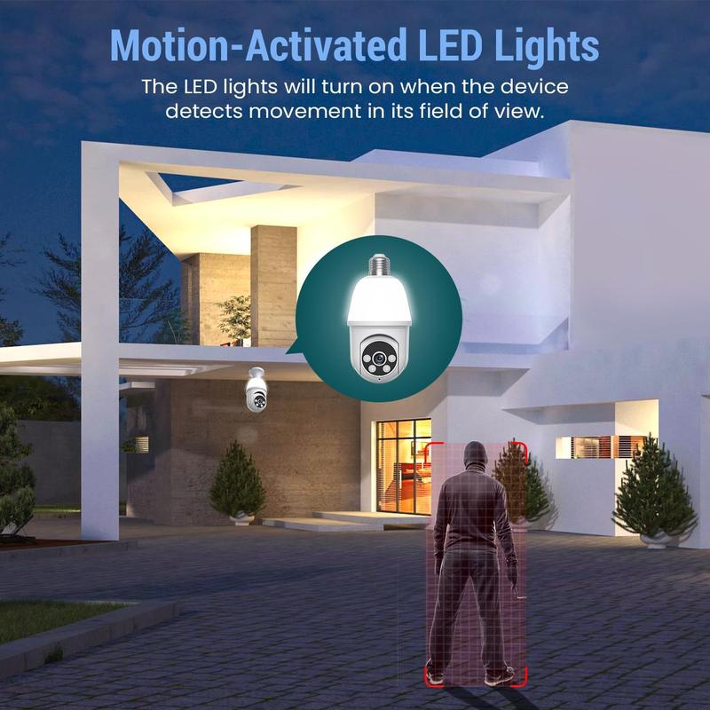 1080P Light Bulb Security Camera with Motion-Activated LED Lights, 2.4GHz WiFi, Motion Detection and Alarm, Two-Way Talk, Color Night Vision, Human Detection for Indoor Outdoor Home Security