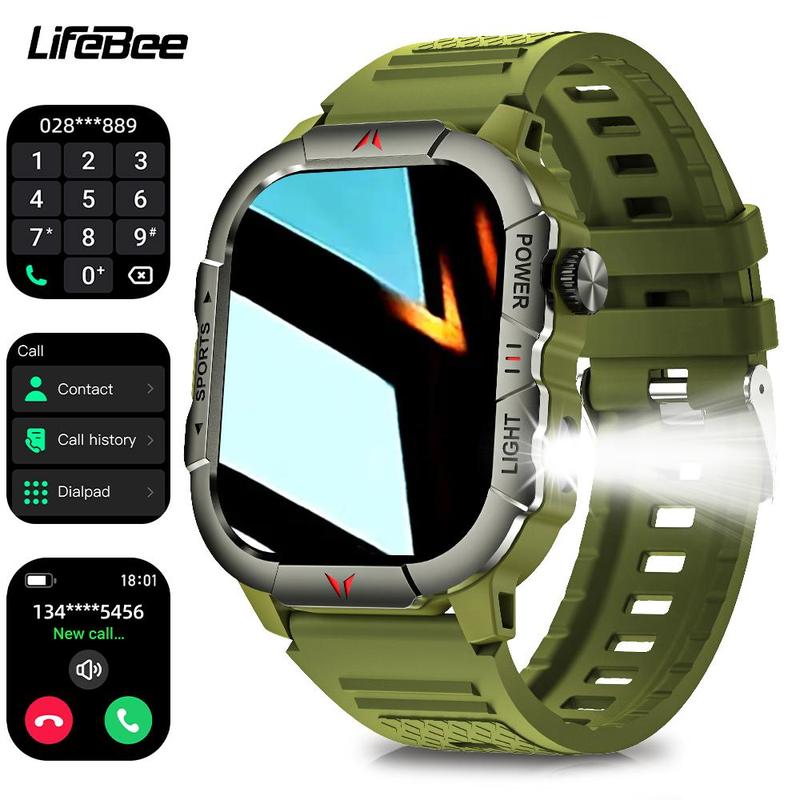 LIFEBEE Men's Smart Watch, IP68 Waterproof 2.01-inch Screen Tactical Smart Watch with LED Flashlight, 120+Sports Mode Civilian Compass Fitness Wristwatch, Smart & Wearable Devices for Smartphone, Sport Smartwatch