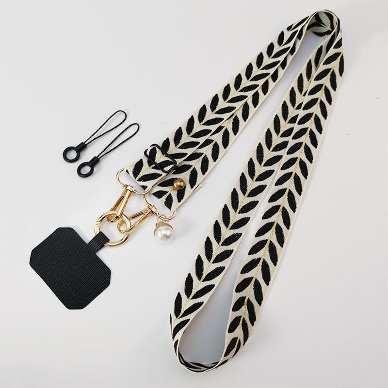 Fashionable Leaf Print Pattern Phone Lanyard, Adjustable Phone Strap with Faux Pearl Decor Pendant, Mobile Phone Decoration Accessories for Women & Girls