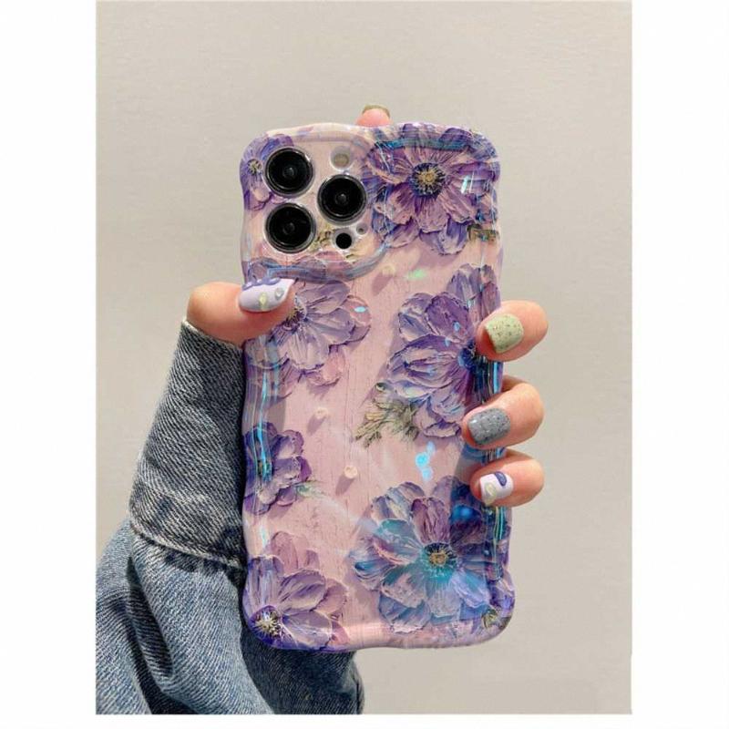 Flower oil painting art style phone case, wave edge camera protection phone case for iPhone 11 12 13 14 15 Pro Max