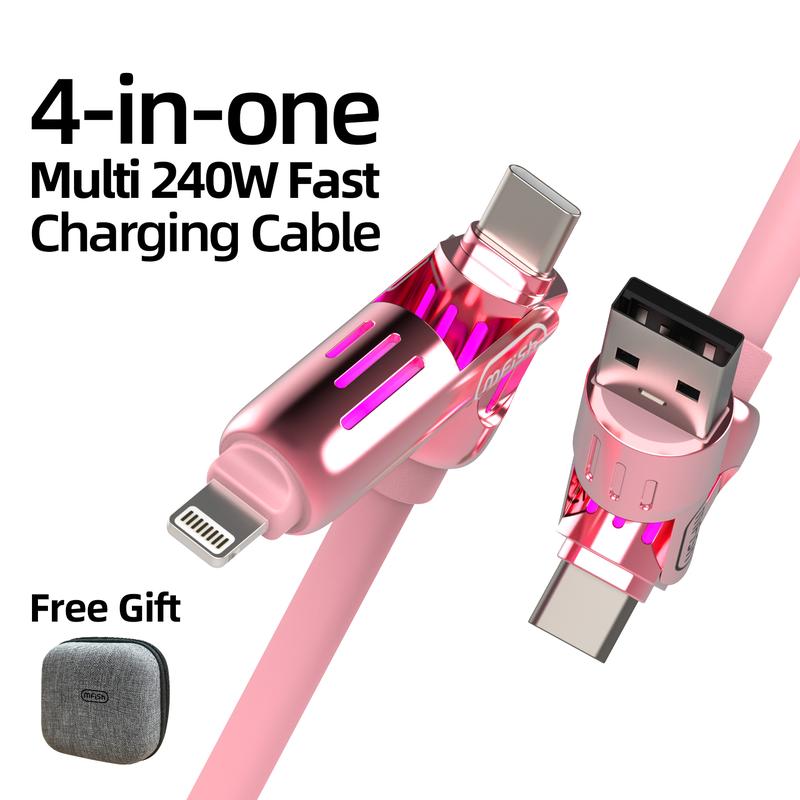 Mfish Pink 4-in-1 Multi USB Charging Cable with USBA,Type C, Lightning -MAX 240W Fast Charging &Data Sync for iPhone 16 15,iPad Pro, Samsung &Laptops