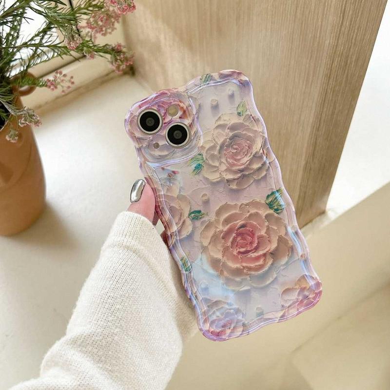 Flower oil painting art style phone case, wave edge camera protection phone case for iPhone 11 12 13 14 15 Pro Max