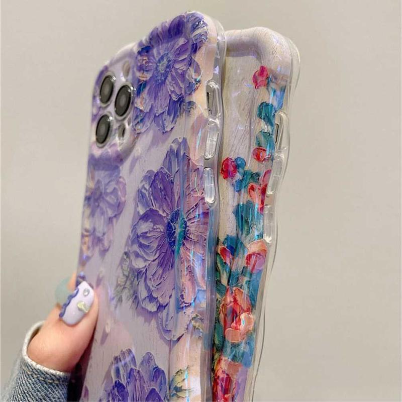 Flower oil painting art style phone case, wave edge camera protection phone case for iPhone 11 12 13 14 15 Pro Max