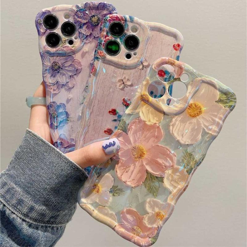 Flower oil painting art style phone case, wave edge camera protection phone case for iPhone 11 12 13 14 15 Pro Max