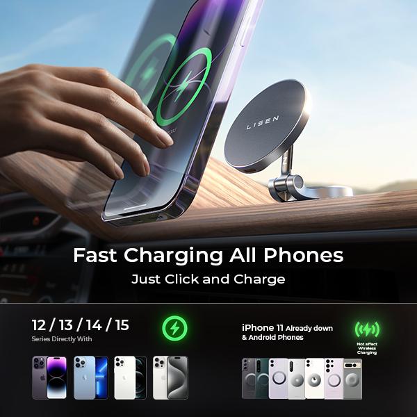 LISEN Magsafe Car Mount Charger 15W Fast Charging Wireless Magnetic Charging Smartphone Cellphone Electronic Mobile