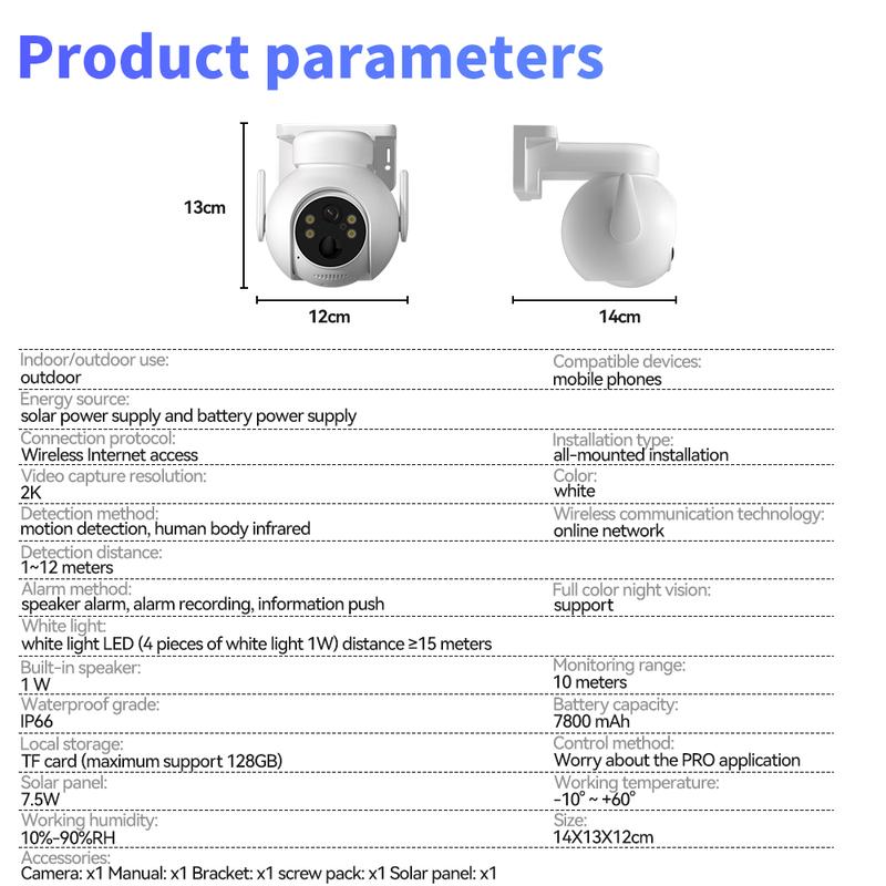 Solar security camera wireless outdoor, solar powered, 360° color night vision, PIR motion detection, alarm, color night vision, two-way talk, SD  cloud storage