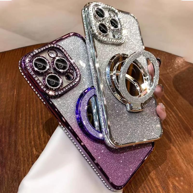 Glitter Rhinestone Phone Case with Ring Mirror Holder, 1 Count Fashion Phone Protective Cover, Phone Accessories for iPhone 15 Pro Max 14 Plus 13 12