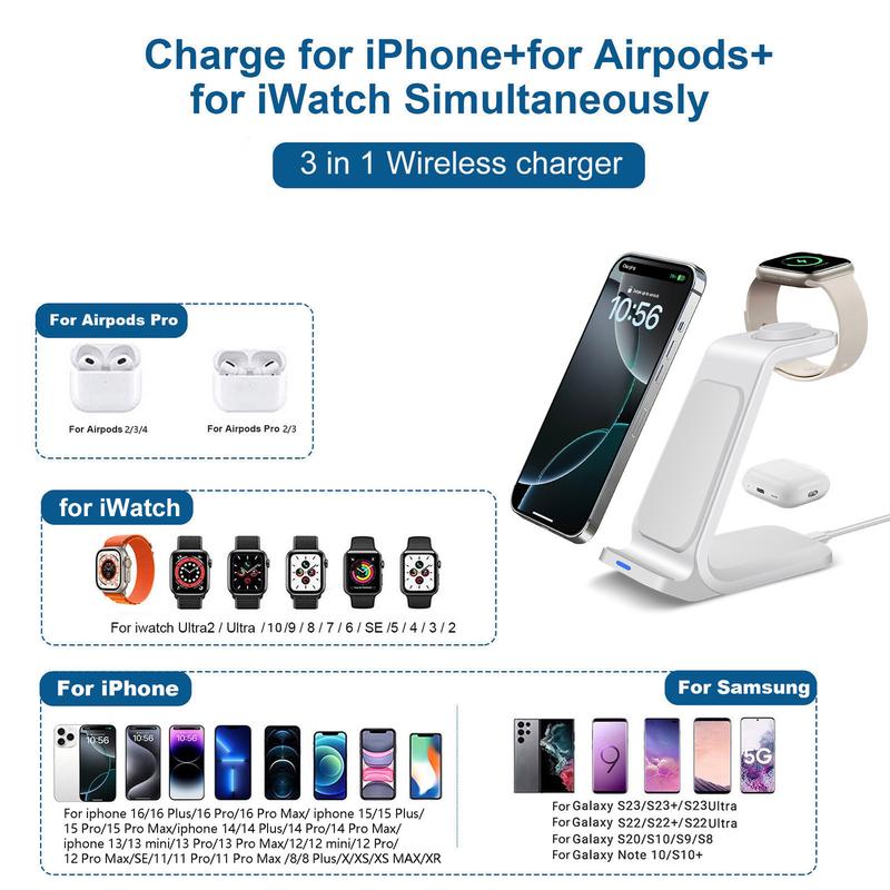 3 in 1 Charging Station, Wireless Charging Stand, Multifunctional Fast Charging Station For iPhone 16 15 14 13 12 11 Pro Max & Apple Watch & AirPods, Portable Charging Station