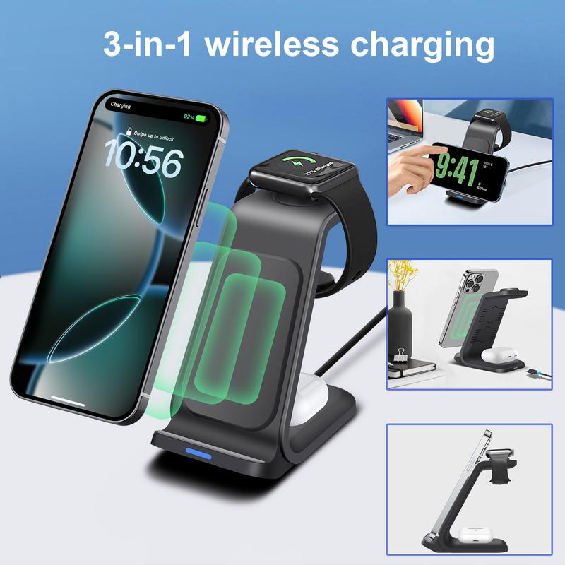 3 in 1 Charging Station, Wireless Charging Stand, Multifunctional Fast Charging Station For iPhone 16 15 14 13 12 11 Pro Max & Apple Watch & AirPods, Portable Charging Station