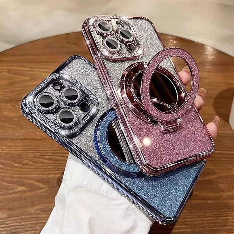 Glitter Rhinestone Phone Case with Ring Mirror Holder, 1 Count Fashion Phone Protective Cover, Phone Accessories for iPhone 15 Pro Max 14 Plus 13 12