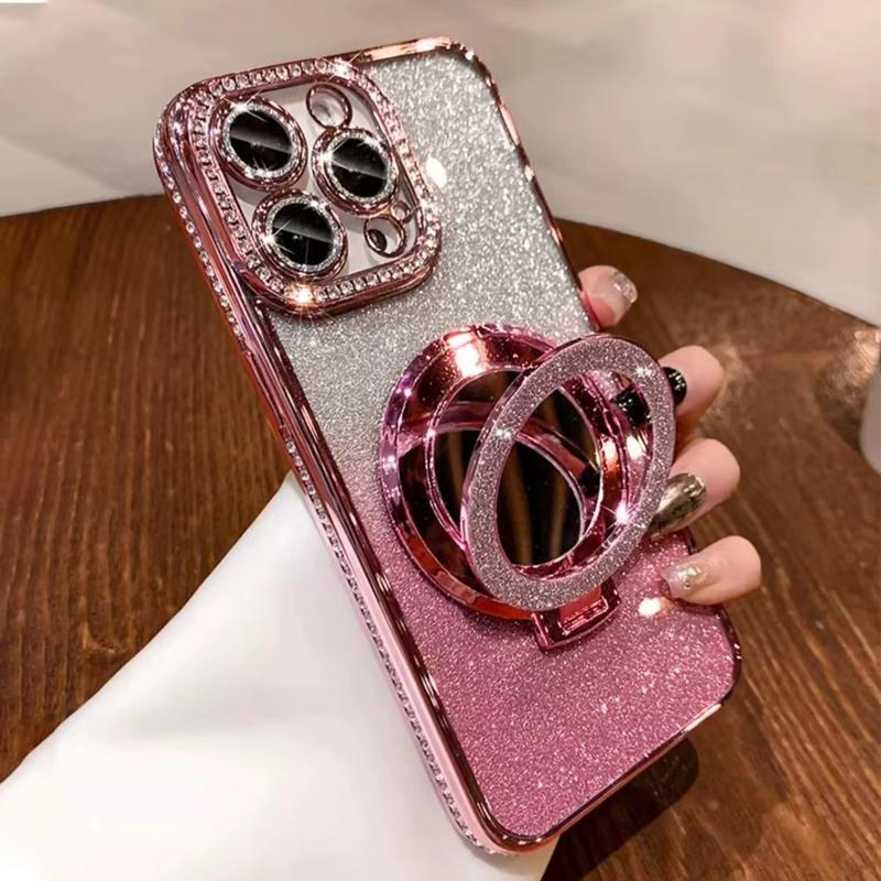 Glitter Rhinestone Phone Case with Ring Mirror Holder, 1 Count Fashion Phone Protective Cover, Phone Accessories for iPhone 15 Pro Max 14 Plus 13 12