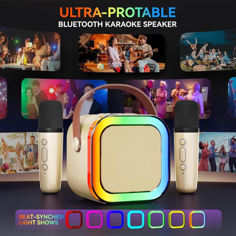 Children and adults karaoke machine, portable Bluetooth mini karaoke microphone, singing speaker with 2 wireless microphones and lights, suitable for all smartphone toys, birthdays, families, and family gatherings