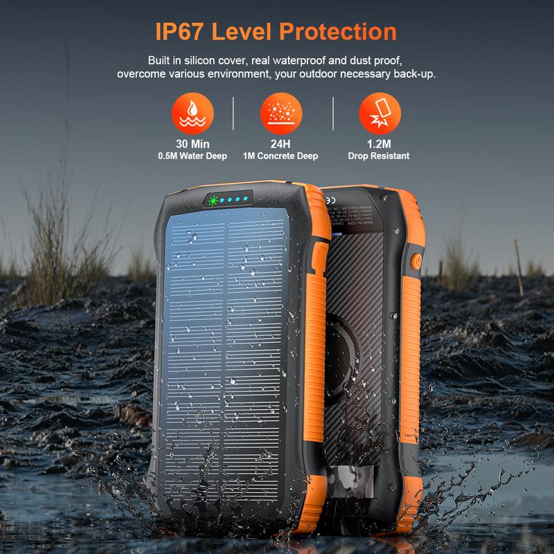 Solar Power Bank, PD20W QC3.0 Fast Charging 10W Wireless Charger 33500mAh Solar Powered Powerbank with Type C Input Output, 5 output ports for efficient charging，IP67 Waterproof, anti-fall，Camping Flashlight。 Suitable for outdoor activities, etc