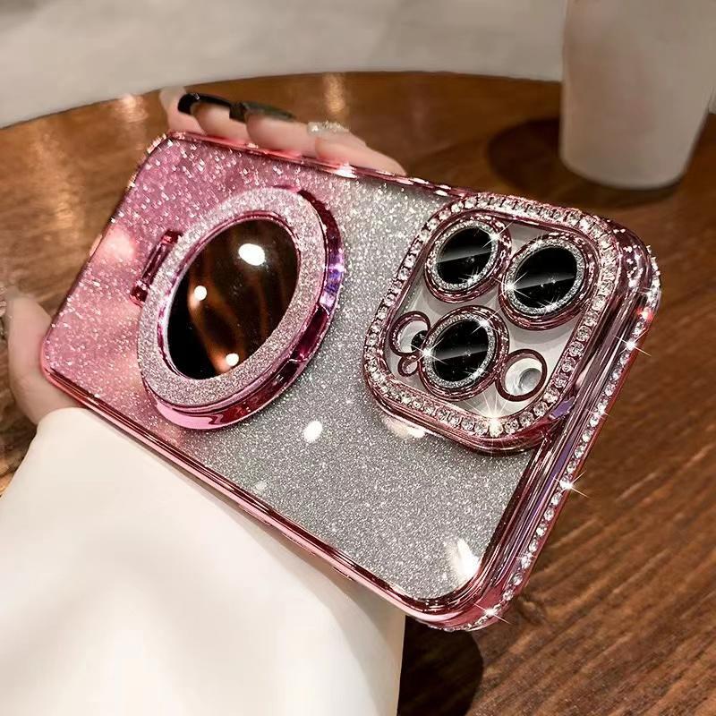 Glitter Rhinestone Phone Case with Ring Mirror Holder, 1 Count Fashion Phone Protective Cover, Phone Accessories for iPhone 15 Pro Max 14 Plus 13 12