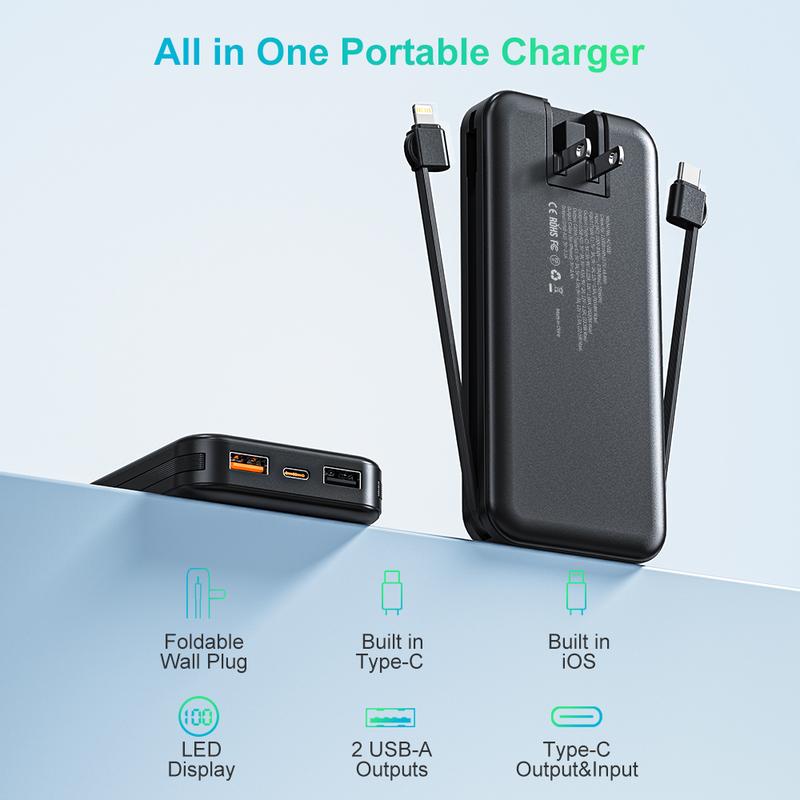 12000mAh Portable Charger with Built-in Cables and AC Wall Plug, Slim Fast Charging USB C Power Bank, Travel Essential Battery Pack with LED Display Compatible with iPhone, iPad, Samsung etc, Christmas Gifts