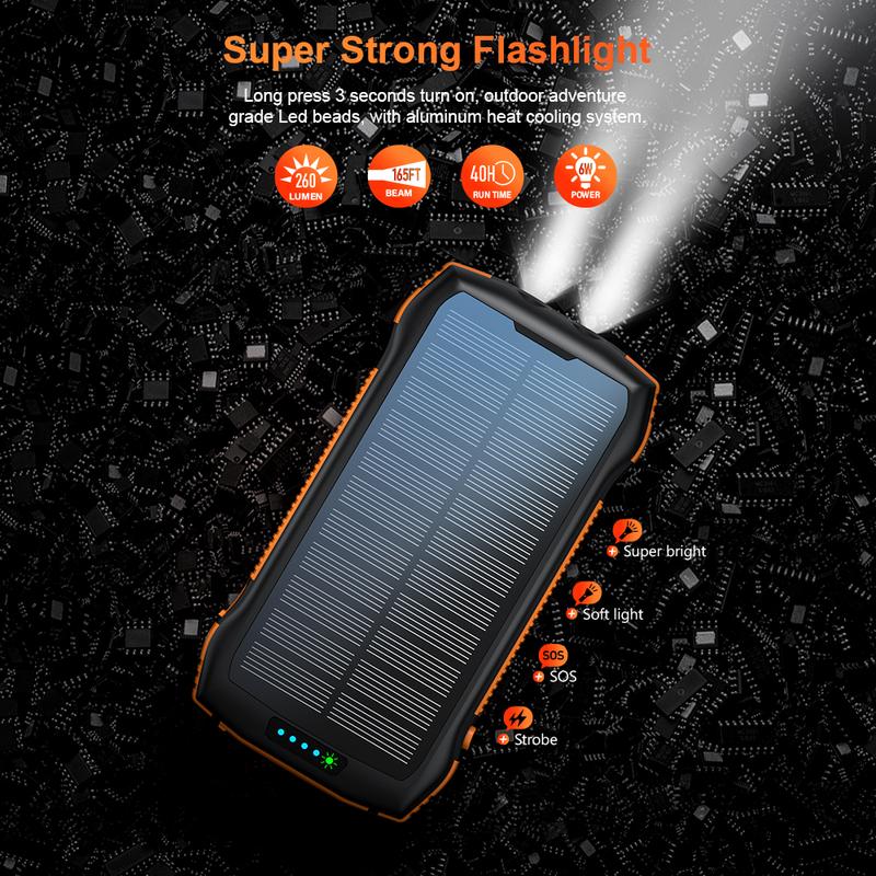 Solar Power Bank, PD20W QC3.0 Fast Charging 10W Wireless Charger 33500mAh Solar Powered Powerbank with Type C Input Output, 5 output ports for efficient charging，IP67 Waterproof, anti-fall，Camping Flashlight。 Suitable for outdoor activities, etc