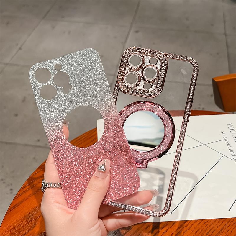 Glitter Rhinestone Phone Case with Ring Mirror Holder, 1 Count Fashion Phone Protective Cover, Phone Accessories for iPhone 15 Pro Max 14 Plus 13 12