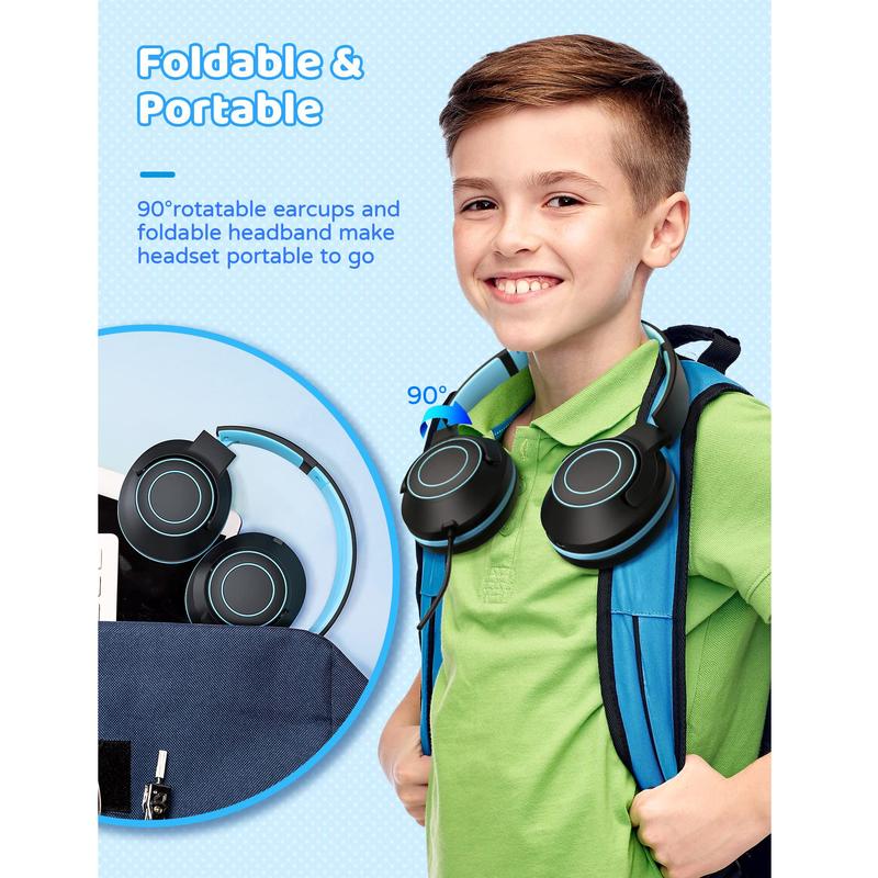 Kids Headphones with Microphone, Safe Volume Limiter 85 94dB, Wired Headphones for Kids, Adjustable Headband, Stereo Headphones for Boys & Girls, Enfant Headphones for Online School Travel