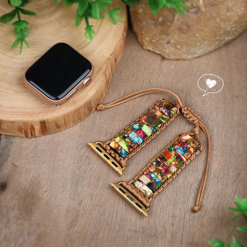 Boho Stone Bracelet Compatible with iWatch Band 38 40mm Women, Handmade Chakra Energy Natural Stone Summer Colorful Stone Strap for iWatch Series 9 8 7 6 5 4 3 2 1 SE Ultra Accessories Wearable