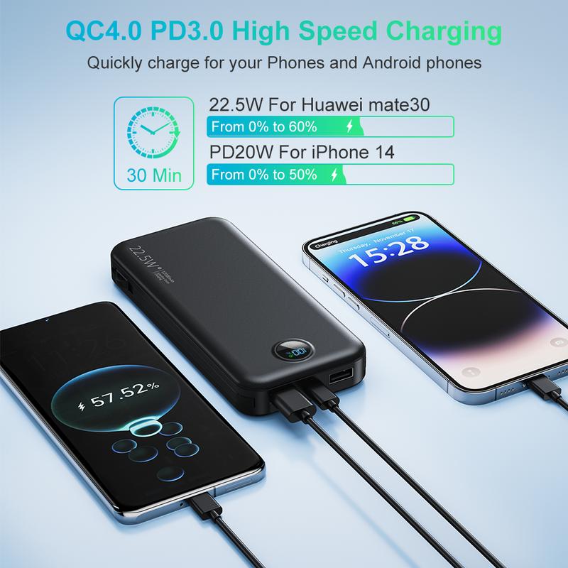 Built-in 2 cable battery pack -12000mAh AC Wall Plug, LED digital display light portable charger, SCP22.5W PD20W fast charging, suitable for iPhone16 15 14,Galaxy and other electronic devices.