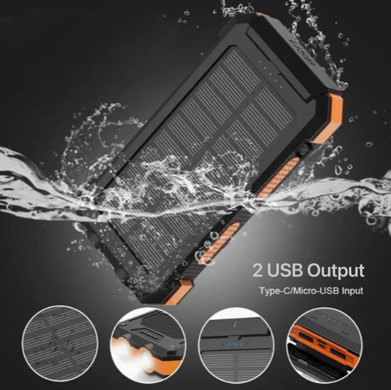 Solar charger, portable solar power supply, suitable for all mobile phones, waterproof battery pack, outdoor external backup power charger dual USB 5V output LED flashlight, very suitable for camping trips