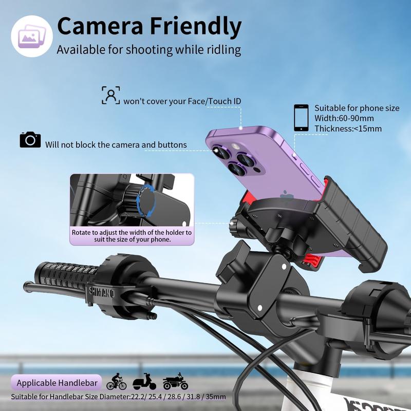 Bike Phone Mount Holder - 360° Rotating Motorcycle Phone Mount, Camera-Friendly, for Electric Scooters, Bikes, Fits iPhone & Android 4.5-7.0 inches