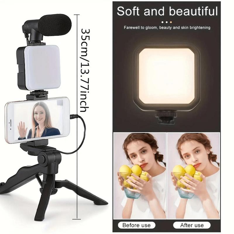 Selfie Light With Tripod Stand & Phone Holder & Microphone, 1 Set Portable Live Streaming Equipment, Including Fill Light, Tripod Stand, Phone Holder & Mic, Suitable for Recording