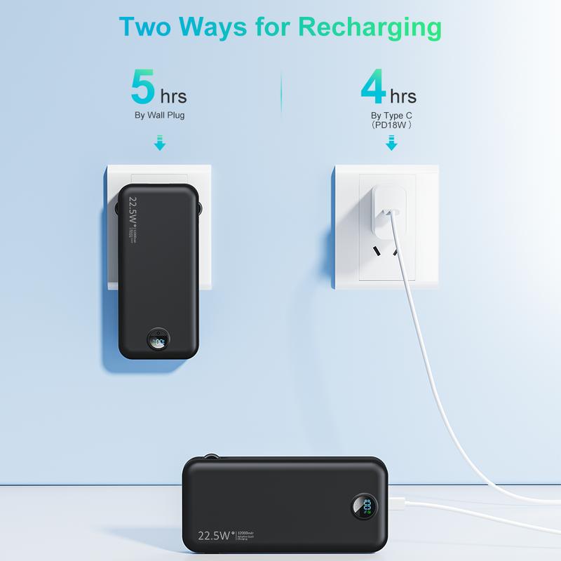 Built-in 2 cable battery pack -12000mAh AC Wall Plug, LED digital display light portable charger, SCP22.5W PD20W fast charging, suitable for iPhone16 15 14,Galaxy and other electronic devices.