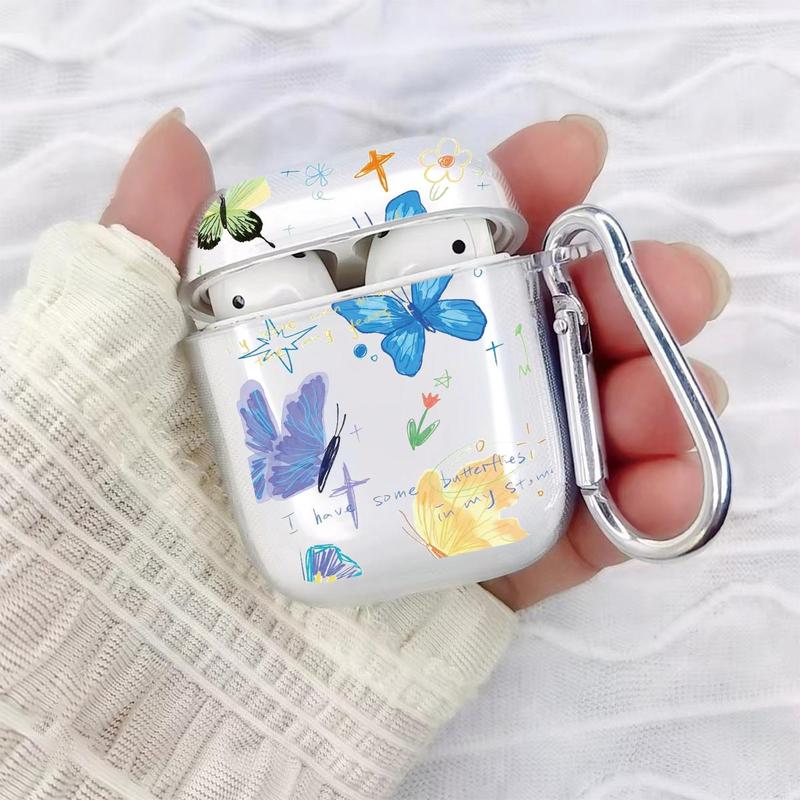 Butterfly Pattern Earphone Case with Keychain, 1 Count Transparent Earphone Case with Keychain, Cute Cartoon Earphone Protector Cover for Airpods