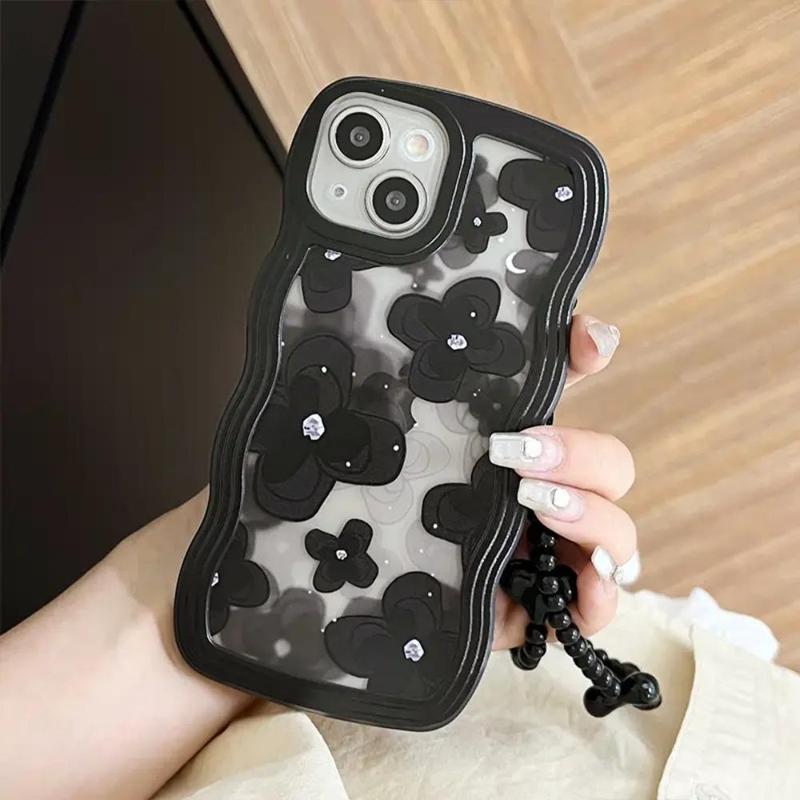 Butterfly & Heart Pattern Phone Case With Wrist Strap, Shockproof Wavy Edge Smartphone Protective Cover, All-inclusive Phone Cases for iPhone 11 12 13 14 15 Pro Max 15 14 Plus