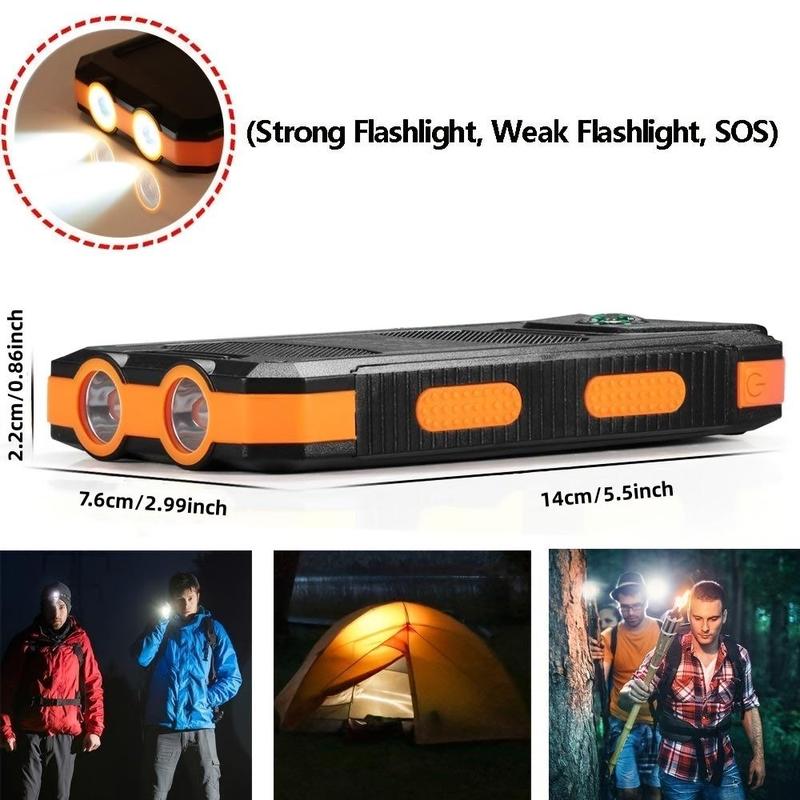 Portable Solar Charger, 10000mAh Outdoor Waterproof Solar Power Bank, Camping External Backup Battery Pack with 2 LED Light Flashlight & Compass