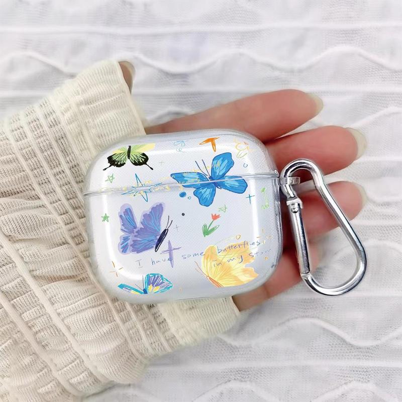 Butterfly Pattern Earphone Case with Keychain, 1 Count Transparent Earphone Case with Keychain, Cute Cartoon Earphone Protector Cover for Airpods