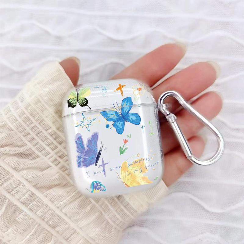 Butterfly Pattern Earphone Case with Keychain, 1 Count Transparent Earphone Case with Keychain, Cute Cartoon Earphone Protector Cover for Airpods