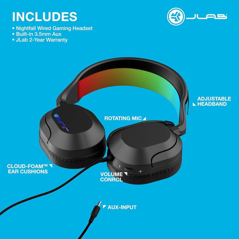 JLab Nightfall Gaming Headset, Flip-to-Mute Rotating Boom Mic, 50mm Drivers, Wired 3.5mm for PC, PS5, PS4, Xbox Series X S, Xbox one, Switch,