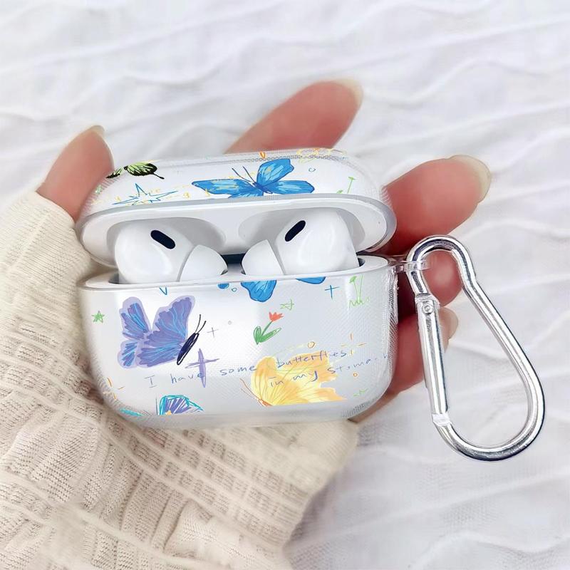 Butterfly Pattern Earphone Case with Keychain, 1 Count Transparent Earphone Case with Keychain, Cute Cartoon Earphone Protector Cover for Airpods