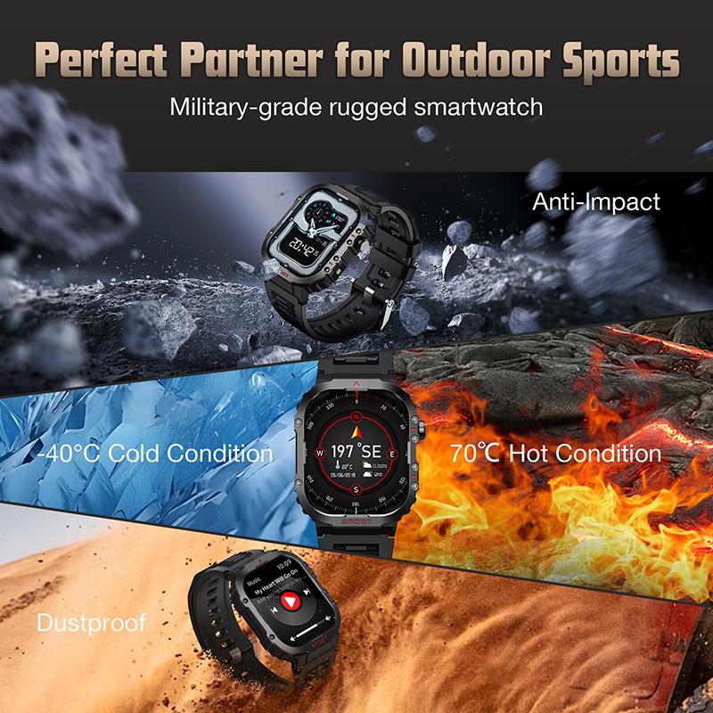 Stylish Military Grade Smart Watch for Men Women, Led Flashlight, Compass, Bluetooth Calls and Text, 2.02” HD Display 30M Waterproof Fitness Tracker, Heart Rate Sleep SpO2 Steps Monitor