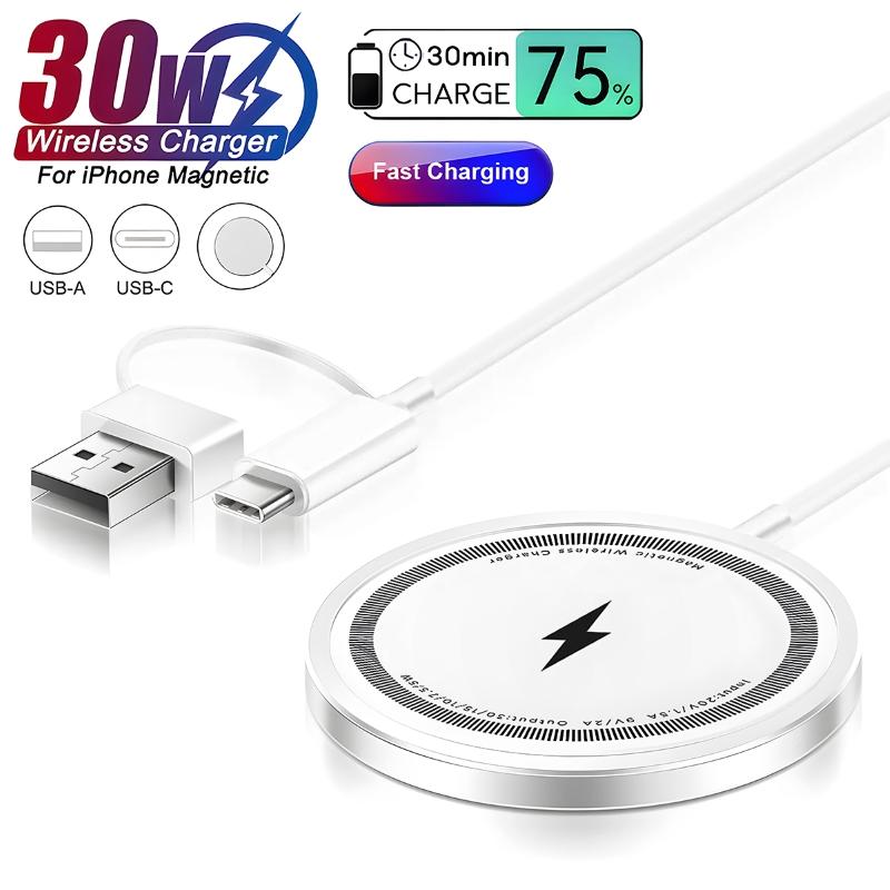 30W Magnetic Wireless Charger For iPhone 16 15 14 13 12 Pro Max Samsung Galaxy S24 S23 S22 Ultra USB Type C Fast Charging Phone Fast Charger Cable Electronic Smartphone Accessories