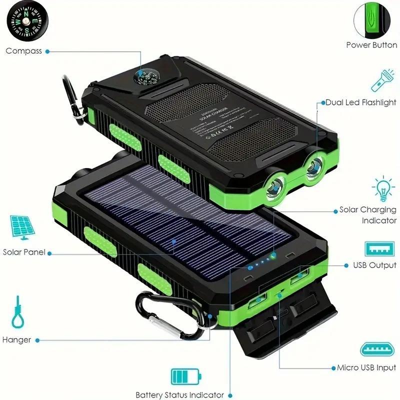 Portable Solar Charger, 10000mAh Outdoor Waterproof Solar Power Bank, Camping External Backup Battery Pack with 2 LED Light Flashlight & Compass