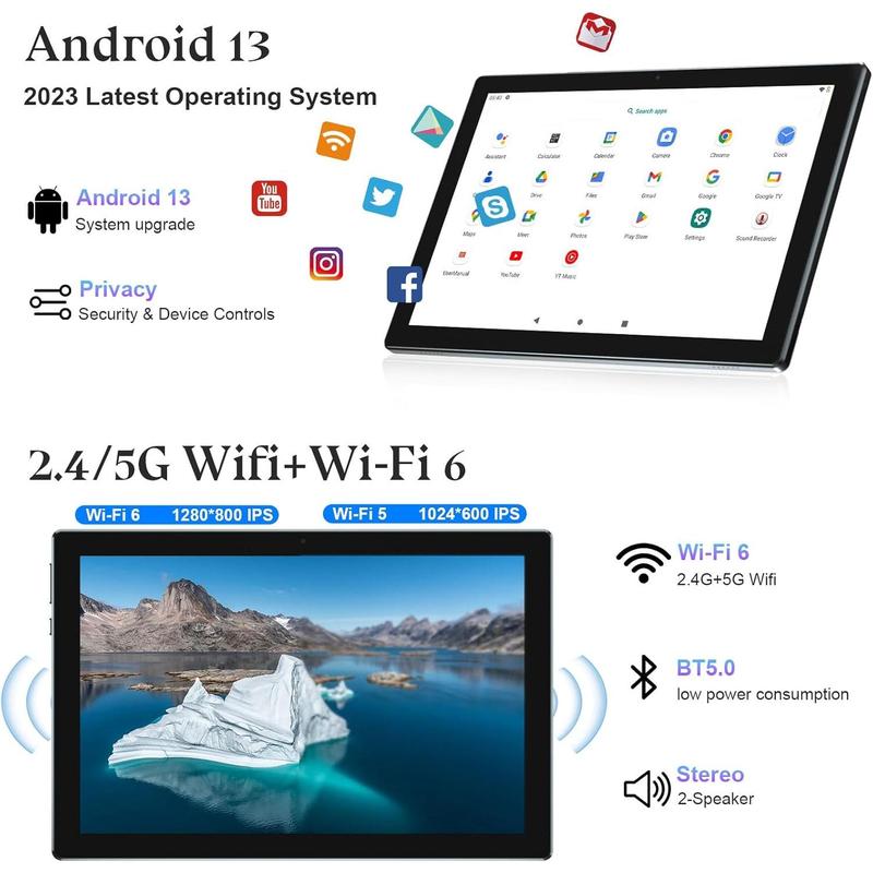 Newest Android 13 Tablet 10.1 Inch, Android 2 in 1 Tablet with Keyboard Case, 8GB+128GB ROM 1TB Tablets, Quad Core, HD Touch Screen, Dual Carema, , 2.4G 5G  6,BT, GMS Certified