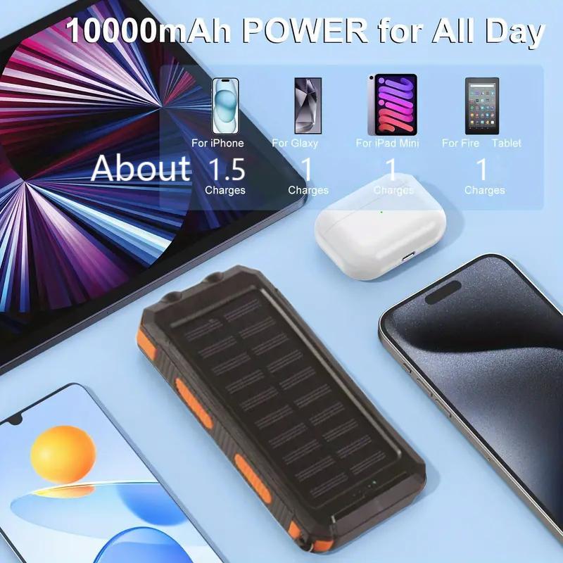 Portable Solar Charger, 10000mAh Outdoor Waterproof Solar Power Bank, Camping External Backup Battery Pack with 2 LED Light Flashlight & Compass