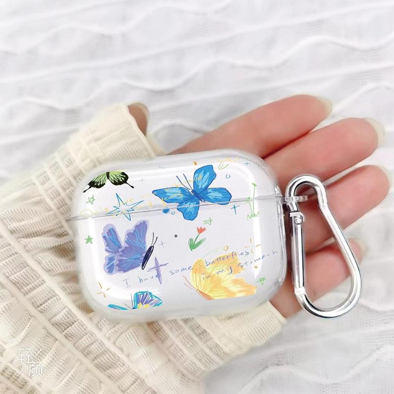 Butterfly Pattern Earphone Case with Keychain, 1 Count Transparent Earphone Case with Keychain, Cute Cartoon Earphone Protector Cover for Airpods