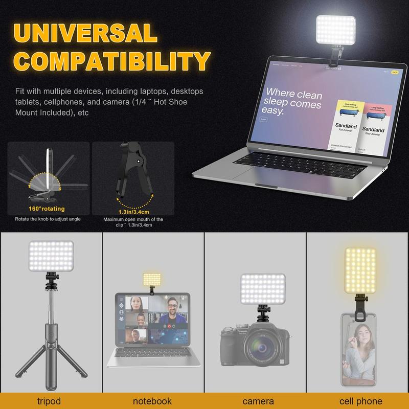 Portable LED Selfie Light with Front & Back Phone Clip, 3 Light Modes Clip on Ring Light for Tablet Camera Tripod, Rechargeable Camera Fill Light for Selfie