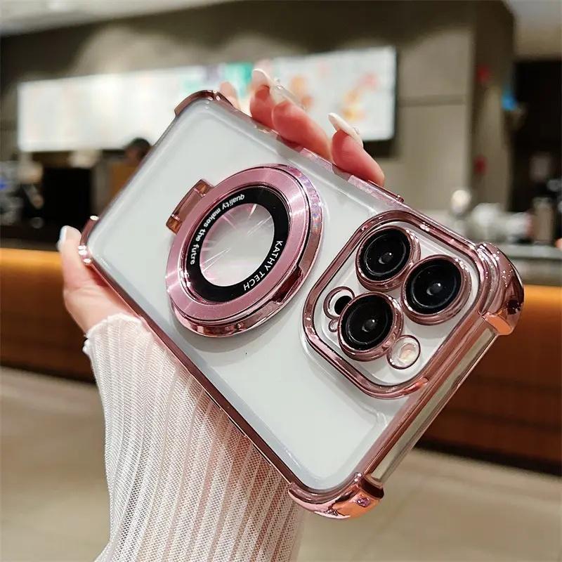 Electroplated Transparent Case for Samsung Galaxy & iPhone 16 Series, Phone Case with Camera Lens Protector, Wireless Charging & Stand Function