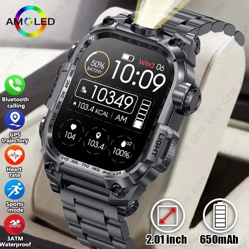 Rugged Military smart watch men 2.01 inch 650 mAh large battery 100 + sports fitness watches with LED flashlight smartwatch 2024